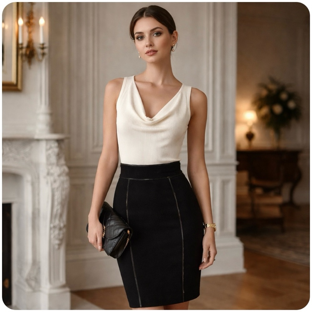 Burberry Skirt Cow Leather Trimmed Midi Black Neutral Dark Academia Quiet Luxury